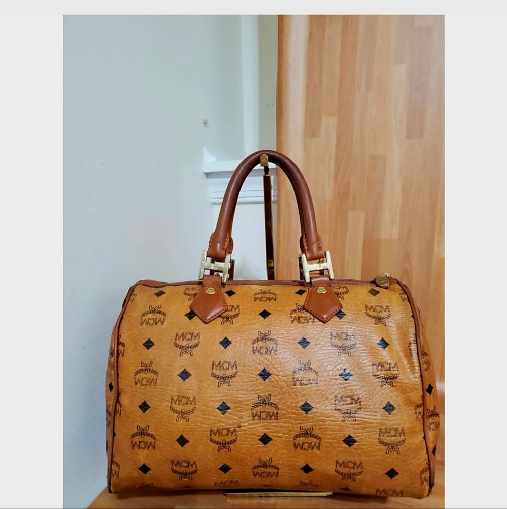 MCM Cognac Visetos Boston Bag